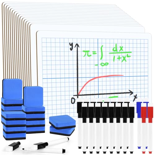16 Pack Dry Erase XY Axis Graph Lap Boards 9'' x 12'' Double Sided White Boards Math Student White Boards Small Dry Erase Board with 20 Pens and 16 Erasers for School Classroom Supplies