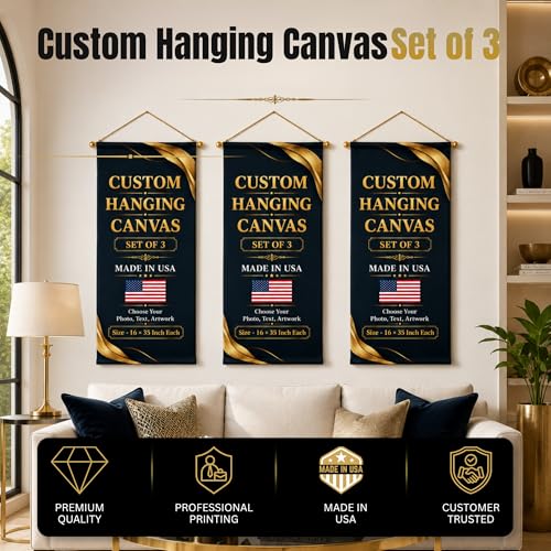 Custom Hanging Canvas Wall Art by BCB Print - Personalized Ready to Hang Picture Banner | with Your Photo | HD Print Living Room Wall Art | Fast Delivery | Made in USA | 16x35 inch | Set of 3 - color: Hanging Canvas Set of 3