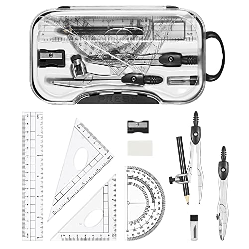 Vobou 10 Pieces Math Geometry Kit Set Student Supplies with Shatterproof Storage Box,Includes Rulers,Protractor,Compass,Eraser,Pencil Sharpener,Lead Refills,Pencil,for School and Drawings（Black） - color: Black
