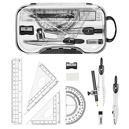 Vobou 10 Pieces Math Geometry Kit Set Student Supplies with Shatterproof Storage Box,Includes Rulers,Protractor,Compass,Eraser,Pencil Sharpener,Lead Refills,Pencil,for School and Drawings（Black） - color: Black