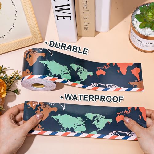 FYSUIMU 65.6 Ft Let's Explore World Map Bulletin Board Borders Travel The Map Straight Die Cut Trim Back to School Border Sticker Roll for Home Classroom Party Wall Decoration - style: Modern