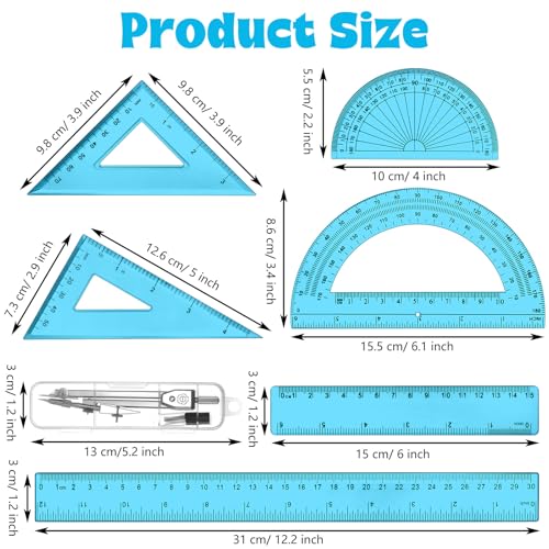 Zonon 7 Pcs Geometry Kit with Drawing Compass, 6 & 4 Inch Protractors, 45/60 Degree Triangle Rulers, 12 & 6 Inch Straight Rulers, Transparent Math Drafting Tools for Student School, Office(Blue) - color: Blue