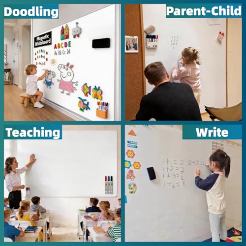 Extra Long Magnetic Dry Erase Whiteboard 50"x18" - Self-Adhesive Flexible Wall Board for Door, Closet, Hallway w/ 11 Markers, 6 Magnets, Eraser & Holder, Ultra Smooth, No Ghosting, Easy Erase - size: 50"x18"