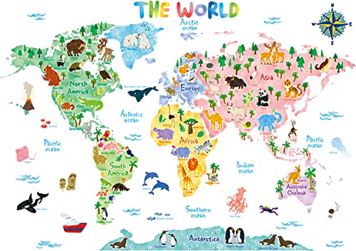 DECOWALL SG2-1615S Animal World Map Kids Wall Decals Wall Stickers Peel and Stick Removable Wall Stickers for Kids Nursery Bedroom Living Room (Large)