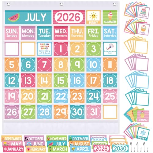 Sinload Classroom Calendar Pocket Chart Set Calendar Bulletin Board Set Seasons Festival Weather Pocket Chart for Classroom Decoration Back to School Supplies(Pastel,White) - color: White, style: Pastel