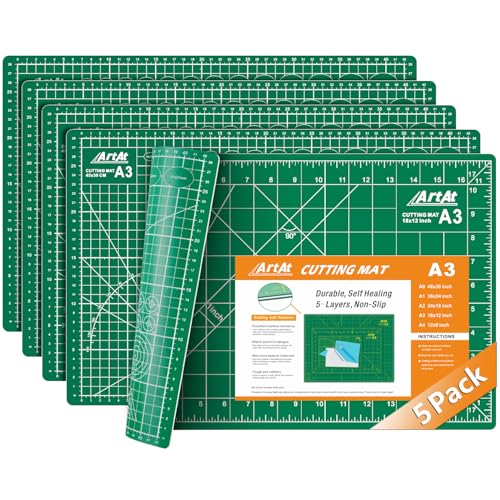 ArtAt Self Healing Cutting Mat: 【5 Pack Cutting Mat 12″x 18″】 Green Double Sided Non-Slip 5 Layers PVC Durable Craft Sewing A3 Mat for Rotary Cutter - color: Green, size: 18"L x 12"W（5pcs）