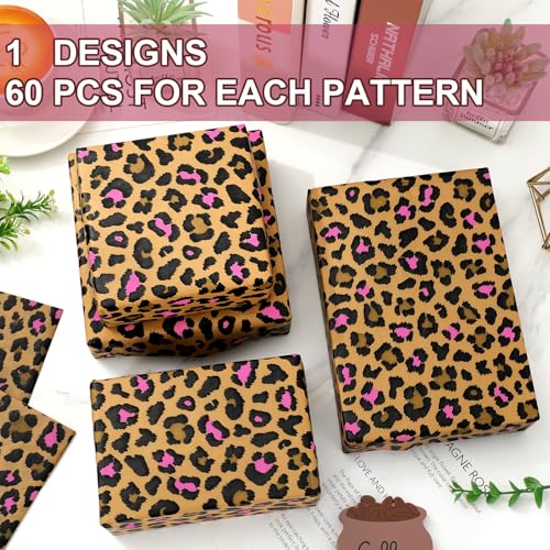 60 Sheets Leopard Print Tissue Paper Pink Floral Bouquet DIY Art Crafts Tissue Brown Safari Animal Gift Wrapping Paper for Home Classroom Office Party DIY Crafts Supplies, 14 x 20 Inch - color: Pink