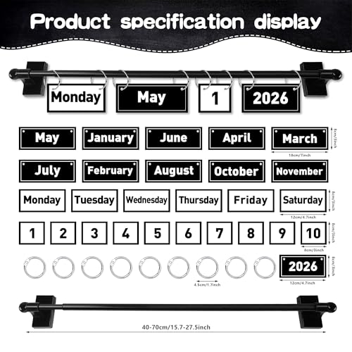 2026 Upgraded Magnetic Rod Black and White Flip Calendar for Classroom, Classroom Calendar Date Cards Black and White Classroom Decor Bulletin Board Set