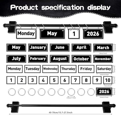 2026 Upgraded Magnetic Rod Black and White Flip Calendar for Classroom, Classroom Calendar Date Cards Black and White Classroom Decor Bulletin Board Set