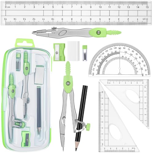 Zonon Math Geometry Set 10 Pcs Student Supplies with Shatterproof Storage Box, Includes Rulers Protractor Compass Pencil Sharpener Lead Refills Eraser Pencil for Drafting and Drawings(Green) - color: Green