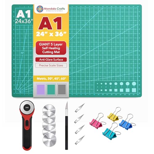 Mandala Crafts Self-Healing Cutting Mat Set – 24" x 36" A1 Green Double-Sided 5-Ply Mat with Fabric Cutter, Quilt Ruler & Craft Knife for Sewing, Quilting, Leather & Scrapbooking - color: Green Combo, size: 24 x 36 Inches Mat Combo