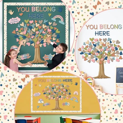 Boho Classroom Tree Bulletin Board Decorations Heart Cutouts Border Welcome Classroom You Belong Here Bulletin Board Decor Supplies for Chalkboard Elementary School Home Wall(You Belong Here) - style: You Belong Here