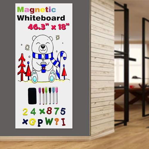 Magnetic Whiteboard Paper for Wall 46.3" x 18" Adhesive Magnetic Dry Erase White Board Sticker with 36 Magnet Letters 6 Markers for Office Removable Peel and Stick Whiteboard Wallpaper Roll - color: White