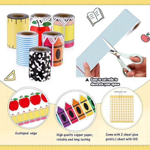 Tenceur 160ft Classroom Bulletin Board Borders Decoration, 6 Rolls Apple Crayon Pencil Borders for Bulletin Board, Scalloped Border Trim for Summer Back to School Office Chalkboard Whiteboard Poster - style: Teacher Style