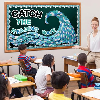Summer Ocean Reading Bulletin Board Decorations Ocean Waves Theme Bulletin Board Set Catch The Reading Wave Half Heart Cutouts for Library School Classroom Chalkboard Wall Decor - style: Ocean Waves