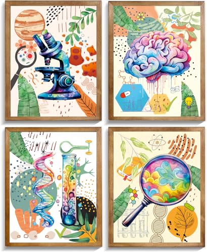 Science Wall Prints,Microbiology Chemistry Wall Art,Science Exploration Art Poster,Boho watercolor Prints,School Laboratory Decor for Classroom Middle School Laboratory Library 4 Set(8"x10"Unframed) - color: 8 X 10inch - Unframed -Science Exploration Art