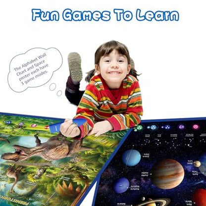Bilingual Interactive for Kids Talking Dinosaur & Space Poster for Kids Learning and Educational Toys,Talking Educational Dinosaur Toy for Ages 3 to 12 Years Old,Space Theme Wall Decor for Preschool - style: Space & Dinosaur Poster