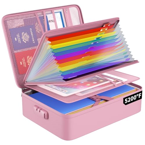 ENGPOW Fireproof File Organizer Bag with 13 Colorful Pockets Accordion File Folder,5200℉ Document Organizer Box with Lock&Labels,Multi-Layer Portable Home Safe Storage for Important Documents,Pink - color: Pink, style: 13 Pockets,colorful