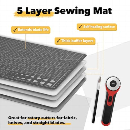 Mandala Crafts Self-Healing Cutting Mat Set – 24" x 36" A1 Black Gray Double-Sided 5-Ply Mat with Fabric Cutter, Quilt Ruler & Craft Knife for Sewing, Quilting, Leather & Scrapbooking - color: Black Combo, size: 24 x 36 Inches Mat Combo