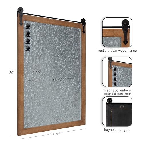 Kate and Laurel Cates Modern Farmhouse Barn Door Wood Framed Galvanized Metal Magnetic Memo Board, Rustic Brown