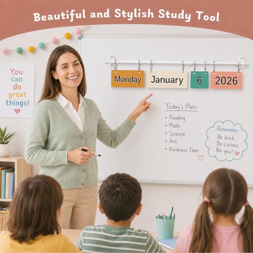 Flip Chart Classroom Calendar 2026 – Complete Flippable Boho Bulletin Board Set with Hanging Rod, Colorful Rainbow Whiteboard Date Display, Teacher Organization Kit(Bright) - color: Bright