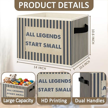 Inspirational Boy Nursery Foldable Storage Bins Box with Handles, All Legends Start Small Blue Striped Collapsible Organizer Basket for Kids Boys Bedroom Playroom Bathroom Clothes Toys Books - color: Colour 16