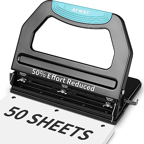 AFMAT 3 Hole Punch Heavy Duty, 9/32" Holes, 50-Sheet Hole Puncher 3 Ring, 50% Reduced Effort, Adjustable Two & Three Hole Punch, Metal Paper Puncher w/Large Chip Tray, Metal Paper Guide, Black, HP18 - color: Black
