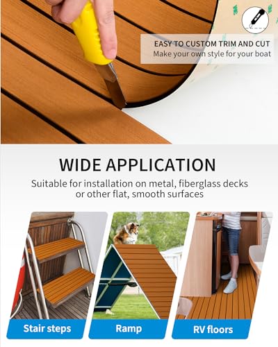 OCEANBROAD Boat Flooring with 3M 99786+ High Strength Adhesive Backing EVA Foam Self-Adhesive 96''x45.6'' Faux Teak Marine Decking Sheet for Jon Boats Yacht RV Floor - color: Brown with Black Lines