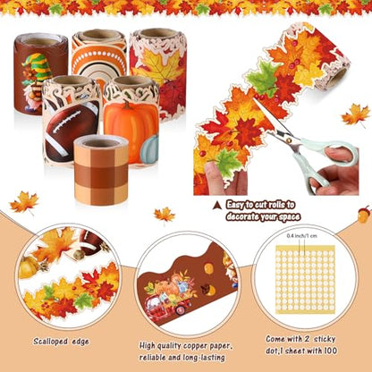 Tenceur 160ft Fall Borders for Bulletin Board 6 Rolls Pumpkin Maple Leaf Scalloped Bulletin Board Border Trim for School Office Whiteboard Blackboard Poster Decor - style: Thanksgiving Style
