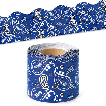 BeYumi Cowboy Bandana Border Trim - 65ft Back to School Western Themed Blue Bandana Scalloped Rolled Border Trim Wild West Themed Bulletin Board Set Classroom Office Chalkboard Wall Party Decoration - style: Western Cowboy Blue