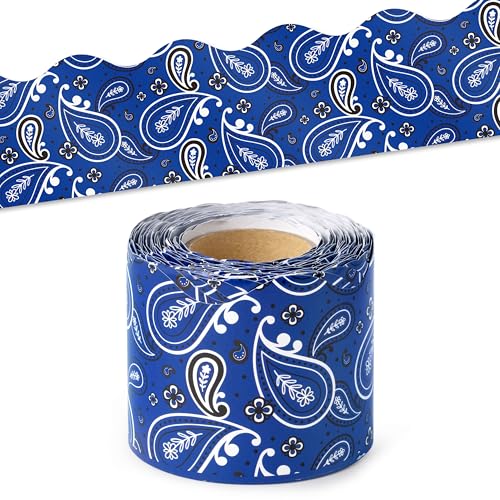 BeYumi Cowboy Bandana Border Trim - 65ft Back to School Western Themed Blue Bandana Scalloped Rolled Border Trim Wild West Themed Bulletin Board Set Classroom Office Chalkboard Wall Party Decoration - style: Western Cowboy Blue