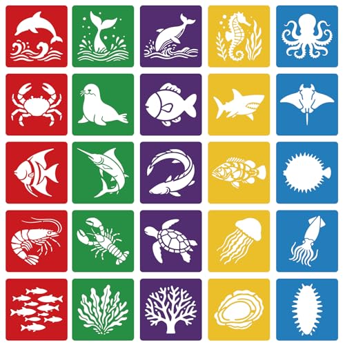 CUTHOLLOW 25PCS Marine Creatures Painting Shape Stencils Sets - 8 Inch Reusable&Washable Drawing Template, Different Primary Themed Sidewalk Chalk Art Stencils Kit for Craft Room Wall Paper - style: Marine Creatures