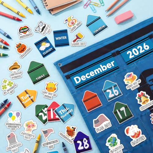 Weysat 128 Pcs Crayon Classroom Calendar Pocket Chart Set Crayon Calendar Bulletin Board with Pocket Season Festival Weather Date Chart for Preschool Elementary School Teacher Supplies - style: Crayon