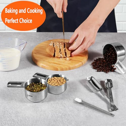 AIKEXIN 20 PCS Measuring Cups & Spoons Set, for Cooking & Baking Gadgets | 18/10 Stainless Steel, Metal Material | Nesting, Stackable Design | Dry & Liquid | Plastic | Leveler, Conversion Chart - style: Rectangular Spoons Set