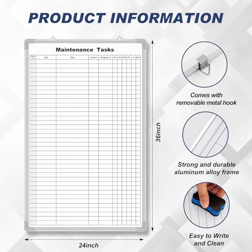 AmazingSpark Lined Whiteboard Blank Grid Aluminum Frame Dry Erase Board Reusable Wall Mounted Board for Scheduling, to Do Lists Weekly Planning Home Work(36 x 24 Inch,Vertical Maintenance Tasks) - size: 25"W x 2"H, style: Maintenance Tasks