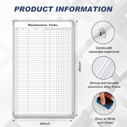 AmazingSpark Lined Whiteboard Blank Grid Aluminum Frame Dry Erase Board Reusable Wall Mounted Board for Scheduling, to Do Lists Weekly Planning Home Work(36 x 24 Inch,Vertical Maintenance Tasks) - size: 25"W x 2"H, style: Maintenance Tasks