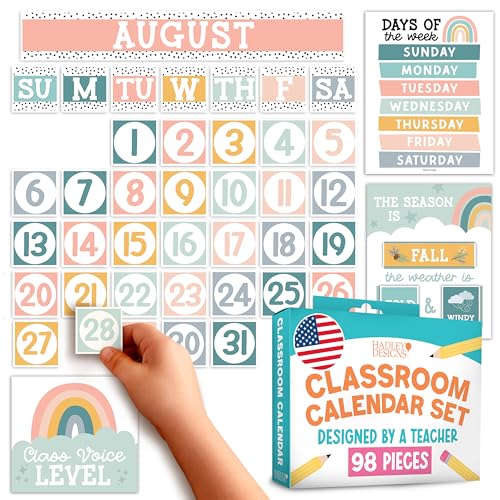 Hadley Designs Classroom Calendar Set Bulletin Board Decorations - Boho School Calendar for Classroom Decor, Kindergarten Preschool Elementary Teacher Must Haves, Homeschool & Daycare Essentials - style: Boho Muted