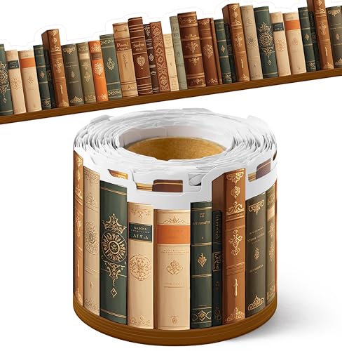 BeYumi Vintage Bookshelf Border Trim - 65ft Back to School Retro Brown Books Rolled Border Trim Bookshelf Bulletin Board Library Classroom Office Chalkboard Home Reading Corner Wall Party Decoration - style: Brown Bookshelf
