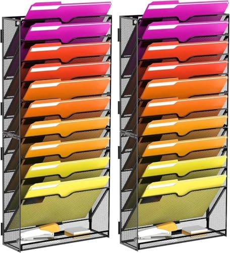 11-Tier Wall File Organizer, Wall File Holder Mesh Mail Organizer for Papers, Folders, Letters, Magazine Rack for Office Home Classroom, Black 2 Pack - size: 11Tier-Black-2Pack