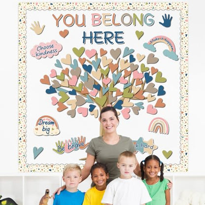 Boho Classroom Tree Bulletin Board Decorations Heart Cutouts Border Welcome Classroom You Belong Here Bulletin Board Decor Supplies for Chalkboard Elementary School Home Wall(You Belong Here) - style: You Belong Here