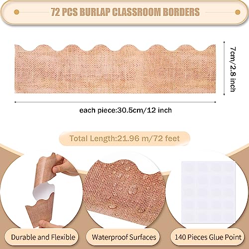 72 Feet Burlap Bulletin Board Border Brown Burlap Scalloped Borders Trim Rustic Die-Cut Bulletin Board Stripes Farmhouse Classroom Border Decorations for Fall Back to School Office Party Decor - style: Burlap Pattern