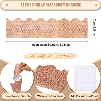 72 Feet Burlap Bulletin Board Border Brown Burlap Scalloped Borders Trim Rustic Die-Cut Bulletin Board Stripes Farmhouse Classroom Border Decorations for Fall Back to School Office Party Decor - style: Burlap Pattern
