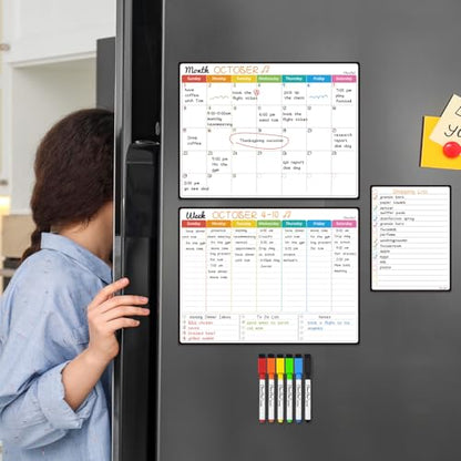 Magnetic Dry Erase Monthly Calendar Set - 14.5"x11" Monthly and Weekly Calendar, 6.5"x8.5" List Board for Fridge - 6 Extra Fine Point Markers Included - Shipped Flat - style: Month+Week+List