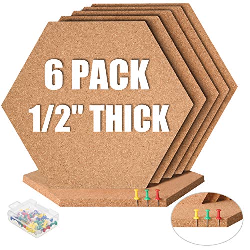 SUNGIFT Hexagon Cork Board Tiles Self Adhesive 6 Pack - 1/2" Thick Corkboards for Wall 12" x 10.2" Memo Boards Pin Board Decorative Bulletin Board for Office Home Kitchen - 50 Multi-Color Push Pins - size: 12" x 10.2" - Hexagon - 6 PACK - Self-Adhesive