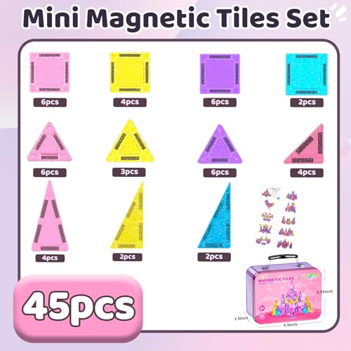 SKTMYY Travel Magnetic Tiles Set for Girls,Pink Mini Portable Magnet Toys with Iron Case,Travel Toys for Kids Ages 4-8,Ideal Toddler Birthday Valentines Day Gifts - style: Girls Magnetic Tiles
