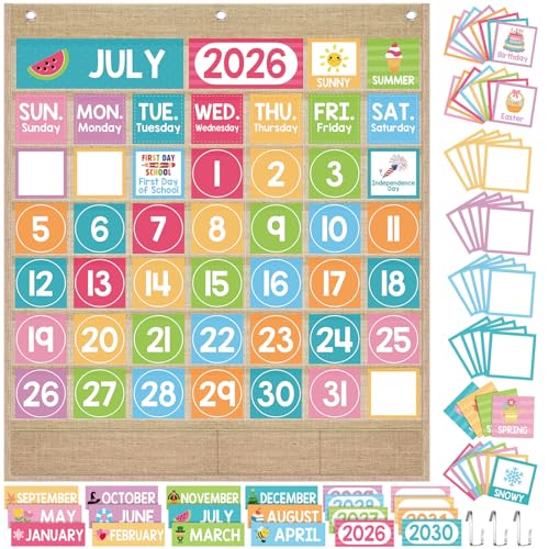 Sinload Classroom Calendar Pocket Chart Set Calendar Bulletin Board Set Seasons Festival Weather Pocket Chart for Classroom Decoration Back to School Supplies(Pastel,Linen Color) - color: Linen Color, style: Pastel
