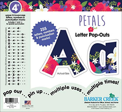 Barker Creek Letter Pop-Outs, 4" Petals, Multicolor Designer Letters for Bulletin Boards, Breakrooms, Reception Areas, Signs, Displays, And More! 4", 255 Characters per Set (1733) - style: Petals