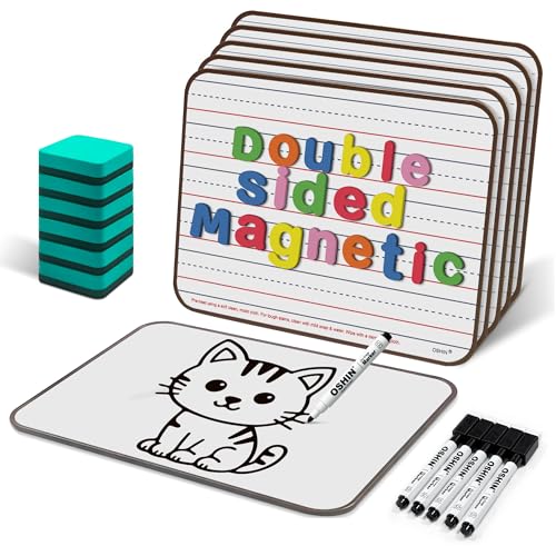 6 Pack Small White Boards, 9"x12" Double Sided Magnetic Dry Erase Boards Personal Handheld Whiteboards with Lines for Kids, Students, Teacher School, Include 6 Markers, 6 Erasers, 6X52 Pcs Letters