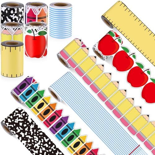 Tenceur 160ft Classroom Bulletin Board Borders Decoration, 6 Rolls Apple Crayon Pencil Borders for Bulletin Board, Scalloped Border Trim for Summer Back to School Office Chalkboard Whiteboard Poster - style: Teacher Style