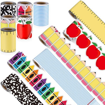 Tenceur 160ft Classroom Bulletin Board Borders Decoration, 6 Rolls Apple Crayon Pencil Borders for Bulletin Board, Scalloped Border Trim for Summer Back to School Office Chalkboard Whiteboard Poster - style: Teacher Style